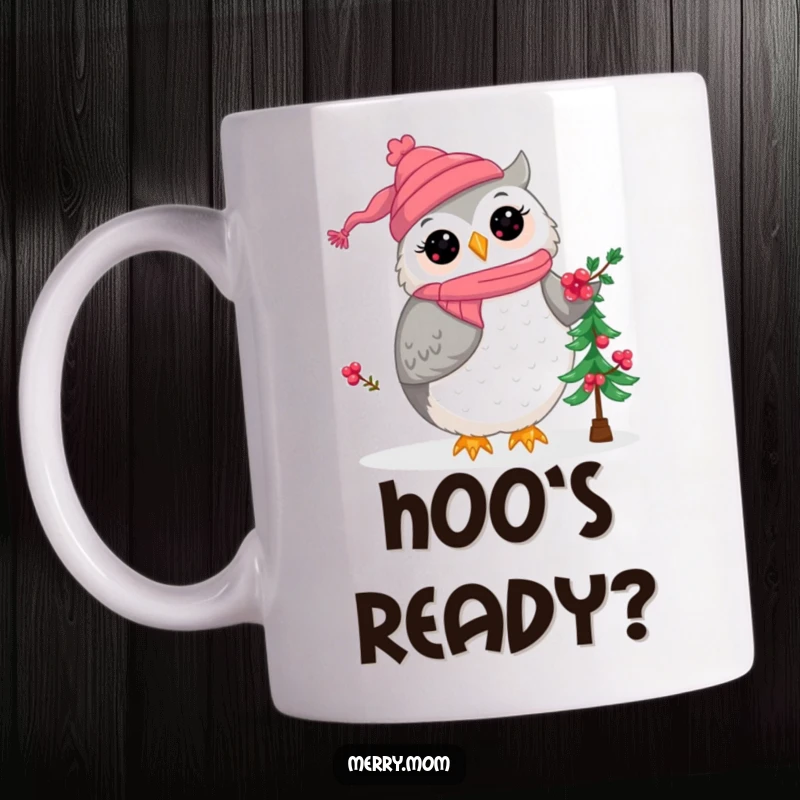 Kawaii owl mom character delicately decorating a small Christmas tree with bright red berries, a heartwarming holiday scene.