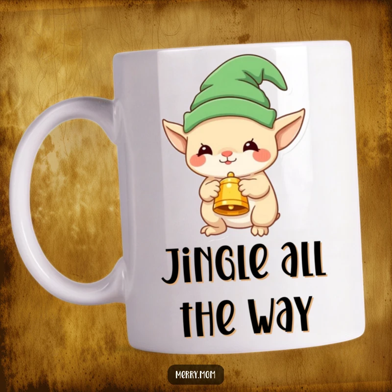 Funny mug featuring a cute creature in a tiny elf hat, joyfully offering a small, festive bell, bringing holiday cheer.