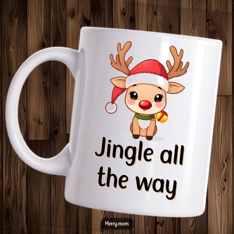 Funny Reindeer Christmas Mug featuring a cute reindeer in a Santa hat with jingle bells, spreading holiday cheer.