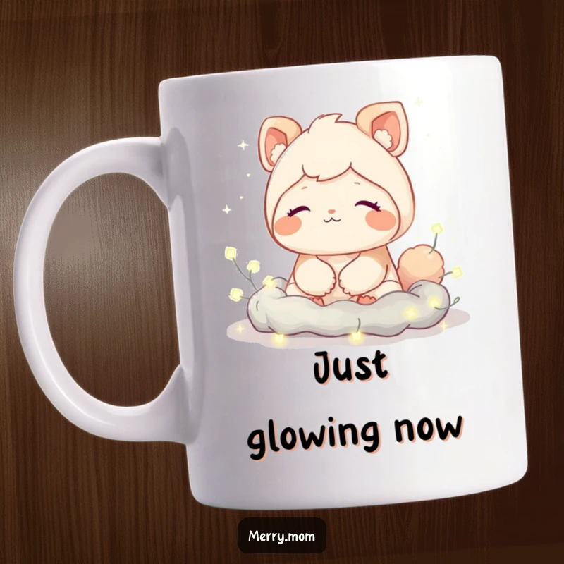 Funny mug featuring a cute creature with a contented sigh, nestled amongst twinkling fairy lights, radiating peaceful bliss.