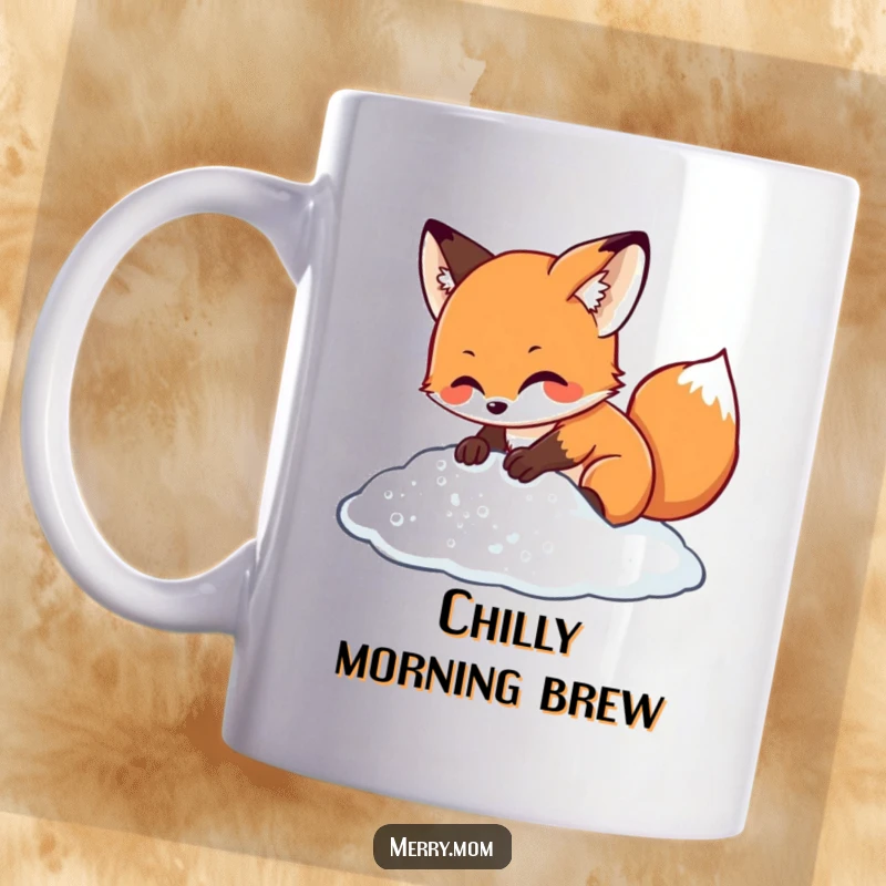 Kawaii fox character joyfully digging in a pile of sparkling snow, a scene of winter delight and playful exploration.