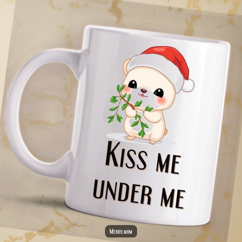 Funny mug featuring a tiny mouse in a Santa hat, joyfully holding mistletoe, ready for a holiday kiss.