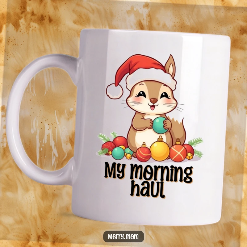 Funny mug featuring a kawaii squirrel wearing a Santa hat, busily hoarding shiny Christmas ornaments with glee.