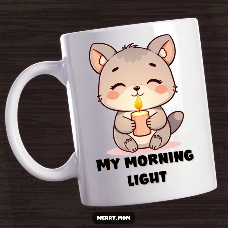 Funny mug, animal holding a glowing candle with a peaceful expression, serene and calming design.