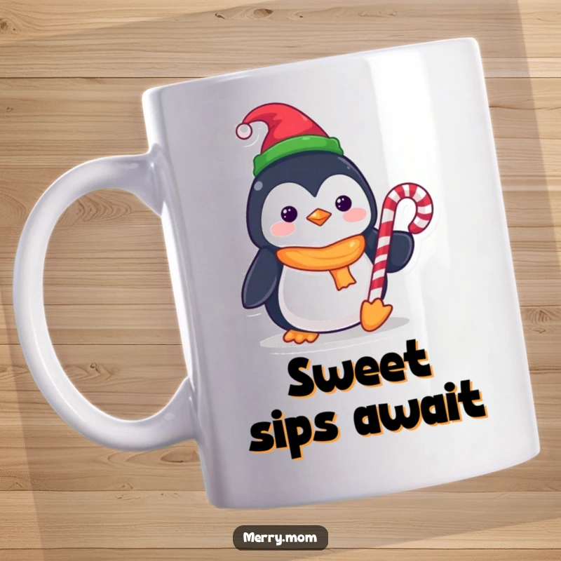 Funny Kawaii Penguin Mug wearing a tiny elf hat and holding a candy cane, looking cheerful and festive.
