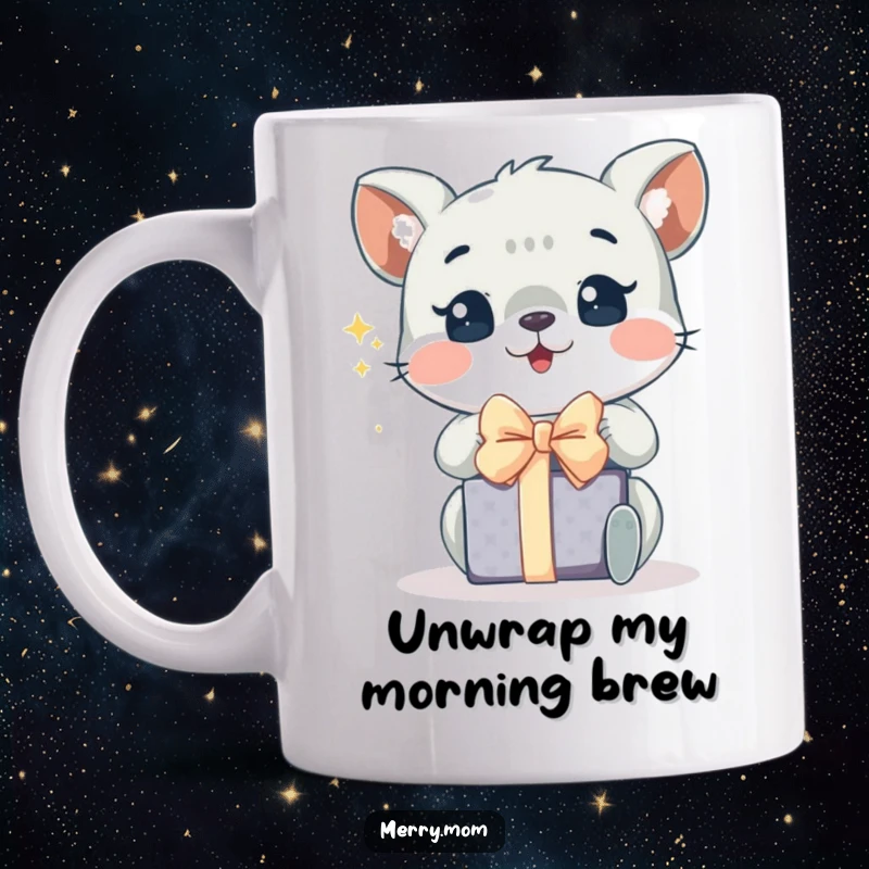 Funny mug featuring an animal with wide, sparkling eyes eagerly unwrapping a Christmas present with pure joy.