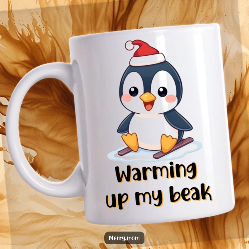 Funny mug depicting a happy penguin wearing a Santa hat, joyfully sliding on ice, embodying holiday fun.