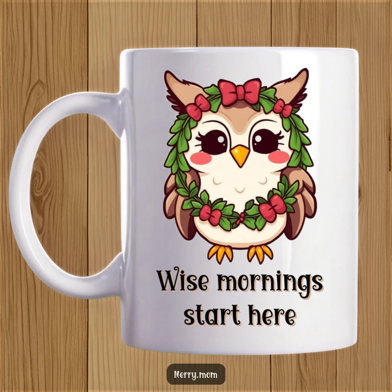 Funny Kawaii Owl Mug adorned with a festive wreath, hooting happily, bringing cheerful holiday spirit.