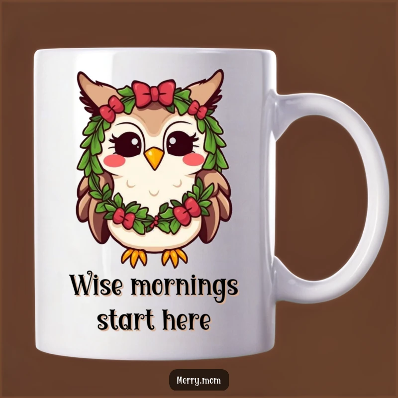 Funny Kawaii Owl Mug: Festive Wreath Hoot, Perfect Cheerful Holiday Gift