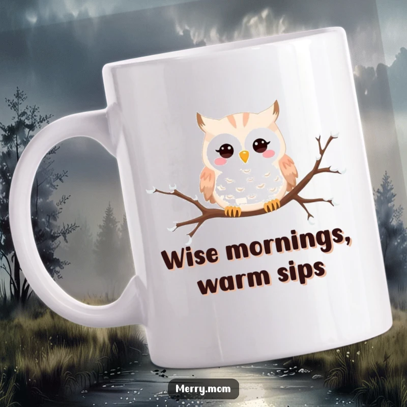 Funny Snowy Owl mug with a happy owl peeking from a snow-covered branch, embodying winter charm and wisdom.