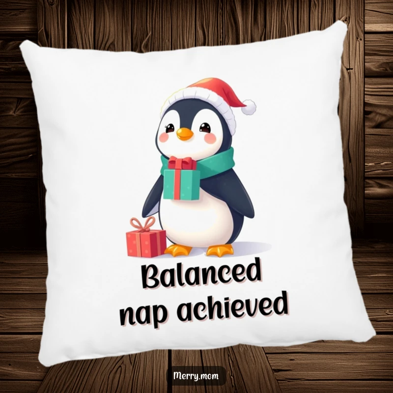 Funny Christmas pillow with a cheerful penguin in a tiny Santa suit, balancing gifts on its nose, perfect for cozy holiday relaxation.