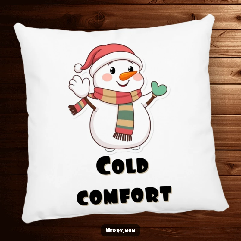 Funny pillow designed with a happy snowman character wearing a festive scarf, giving a jolly wave, offering plush comfort and winter cheer.