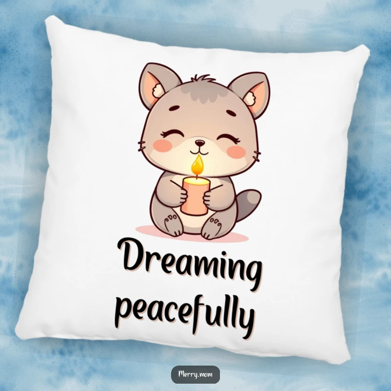Funny pillow, animal holding a glowing candle with a peaceful expression, soft and serene decor.