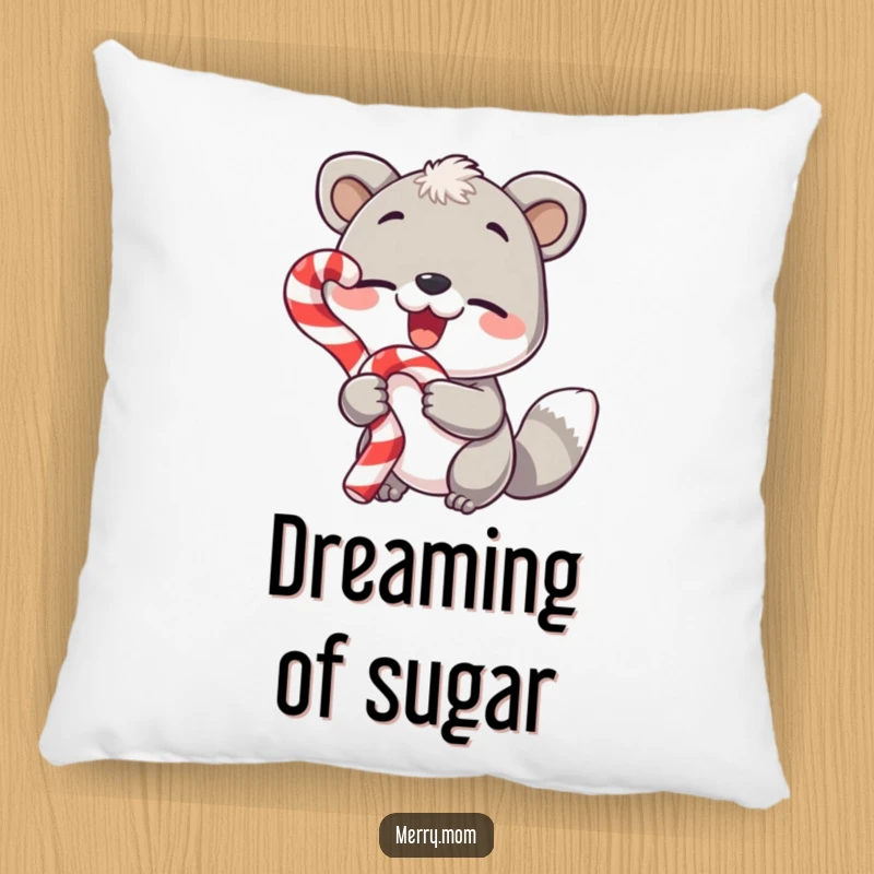 Funny pillow, cute animal holding a candy cane and winking, festive and soft decor.