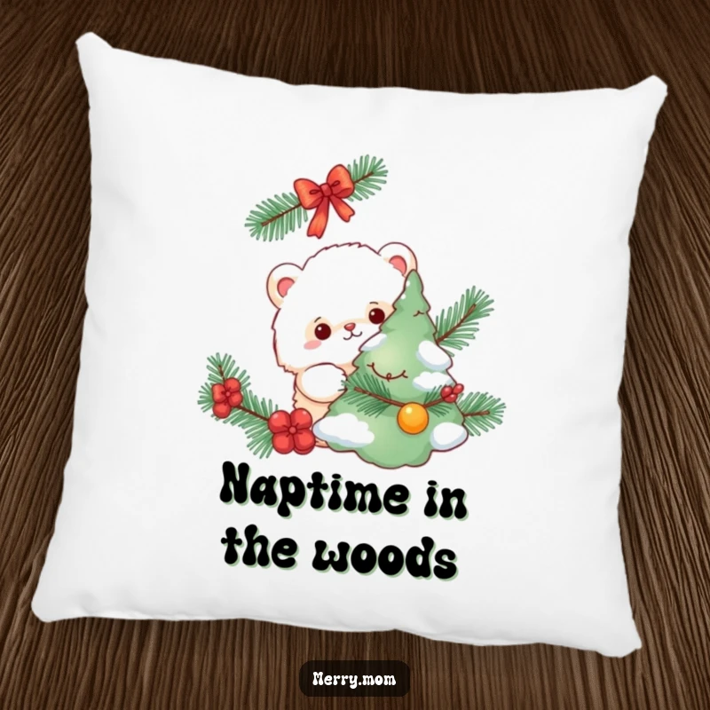 Funny pillow, cute fluffy creature hiding behind a decorated pine tree, soft and decorative.