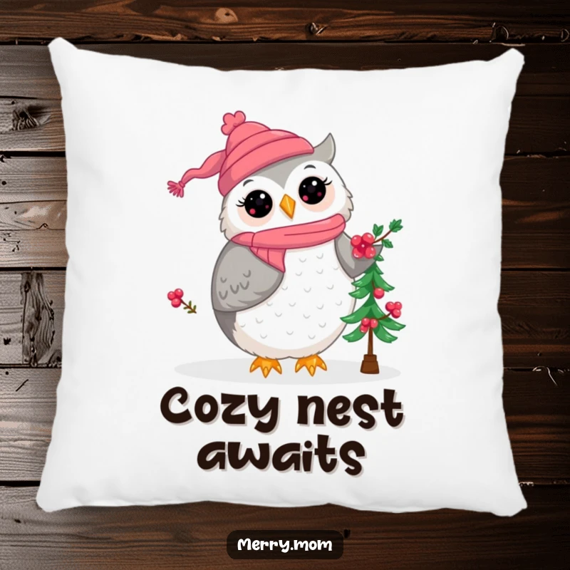 Kawaii owl mom character placing berries on a small Christmas tree, a soft and humorous decorative pillow for the holidays.