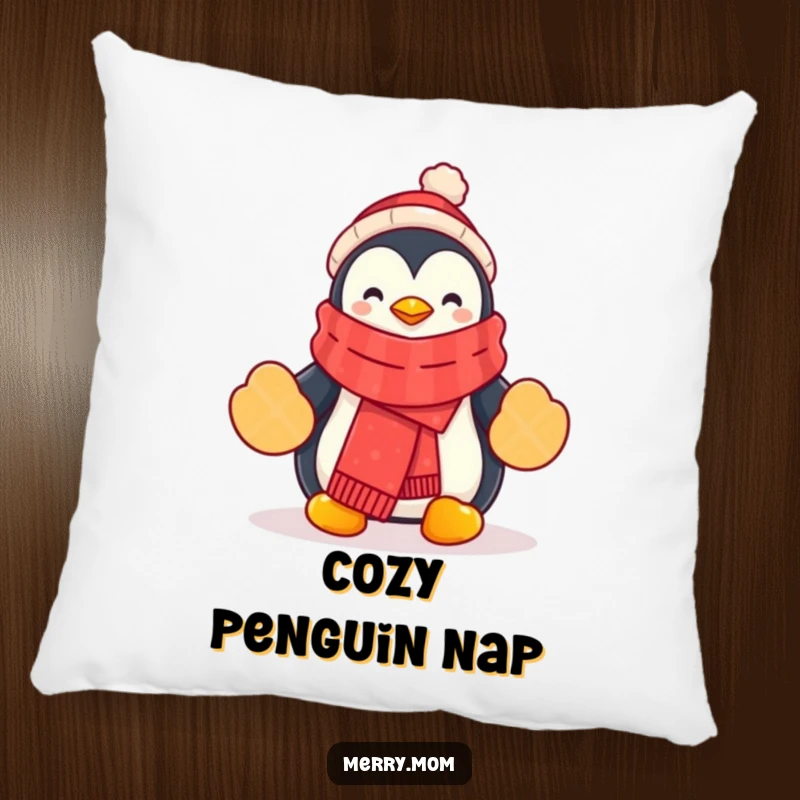 Funny Penguin Pillow with a cartoon penguin in a festive scarf and mittens, perfect for cozy winter nights.