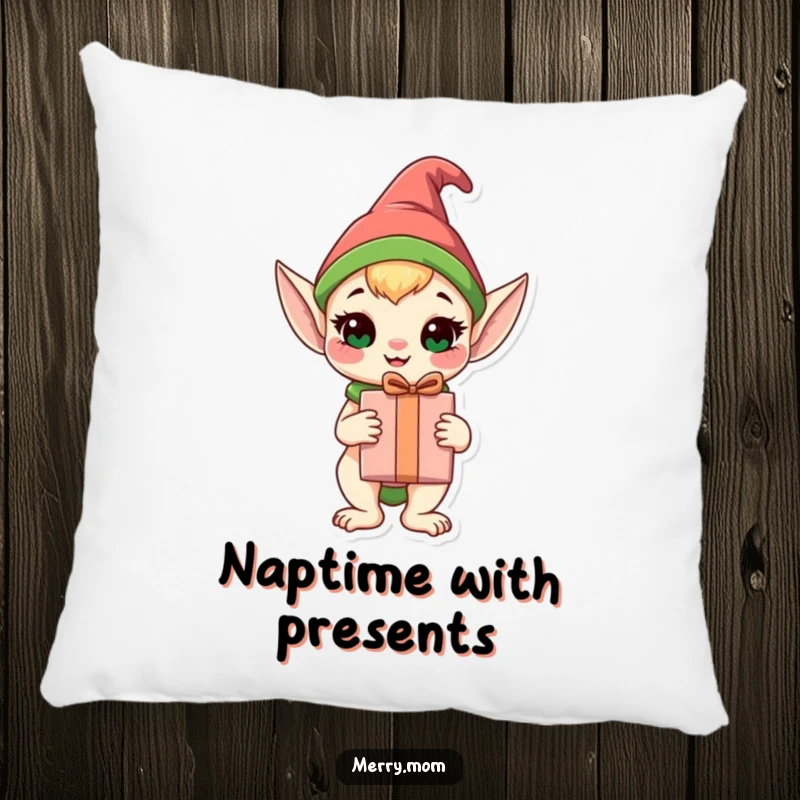 Funny Elf Animal Pillow with a happy elf animal holding a wrapped gift, perfect for adding comfort and cheer.