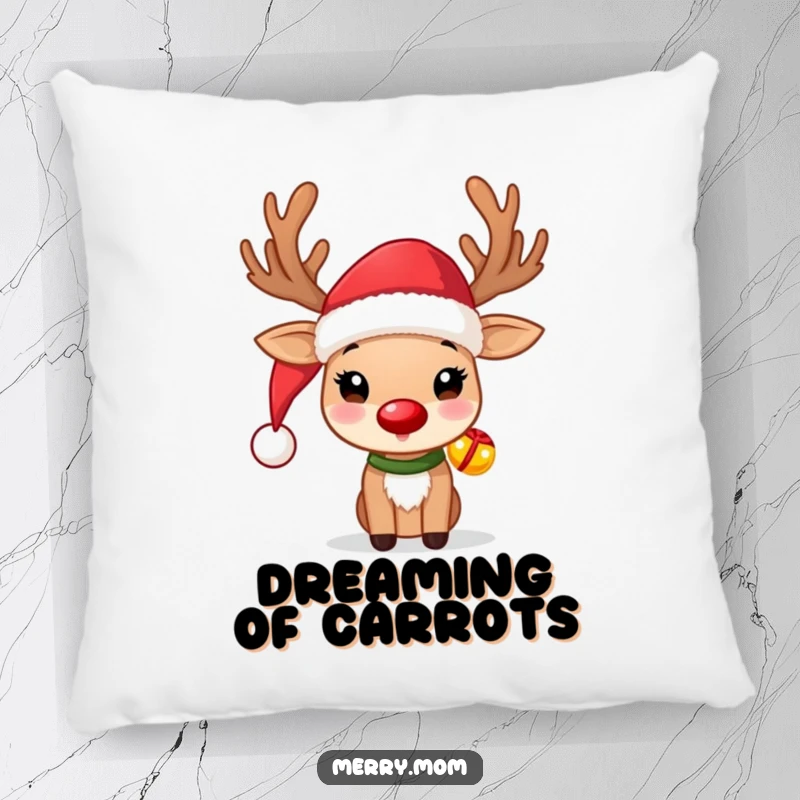 Funny Reindeer Pillow with a cute reindeer wearing a Santa hat and jingle bells, providing festive comfort.