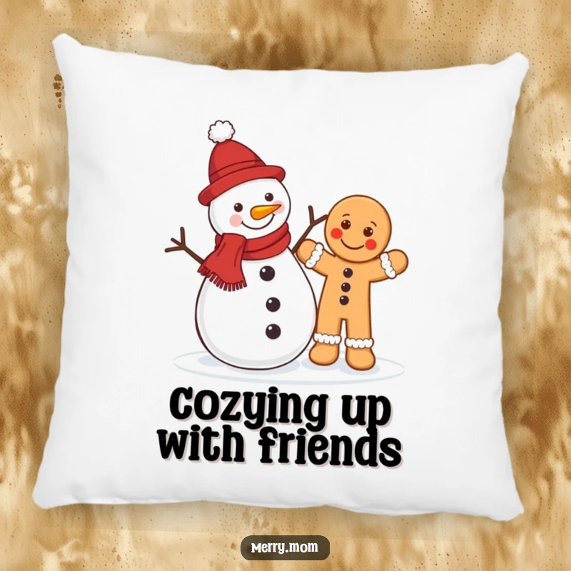 Funny Christmas pillow with a jolly snowman and a waving gingerbread man, perfect for cozy holiday relaxation.