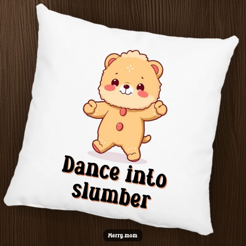 Funny pillow featuring a fluffy animal dressed as a gingerbread man, doing a happy jig, adding festive charm.