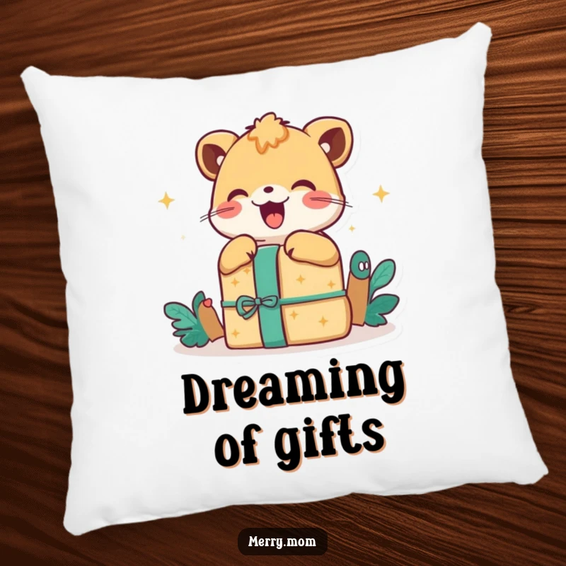 Happy Animal Gift Pillow, featuring a delighted animal unwrapping a gift with visible excitement and a happy, smiley face.