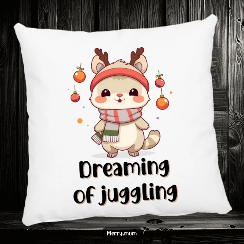 Funny pillow featuring a creature in a festive scarf juggling small ornaments, bringing holiday cheer to any room.