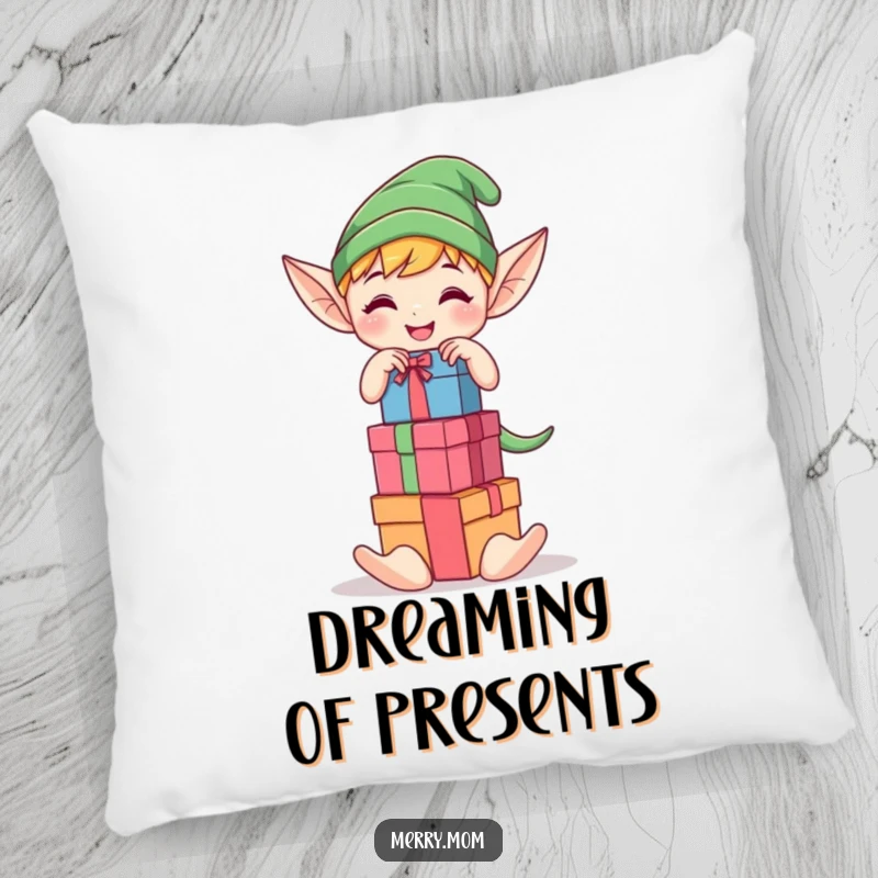 Funny Kawaii elf character joyfully stacking colorful gift boxes on a pillow, a cute and cozy holiday accent.