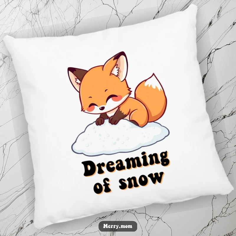 Kawaii fox character digging in sparkling snow, a soft and humorous decorative pillow for winter enthusiasts.