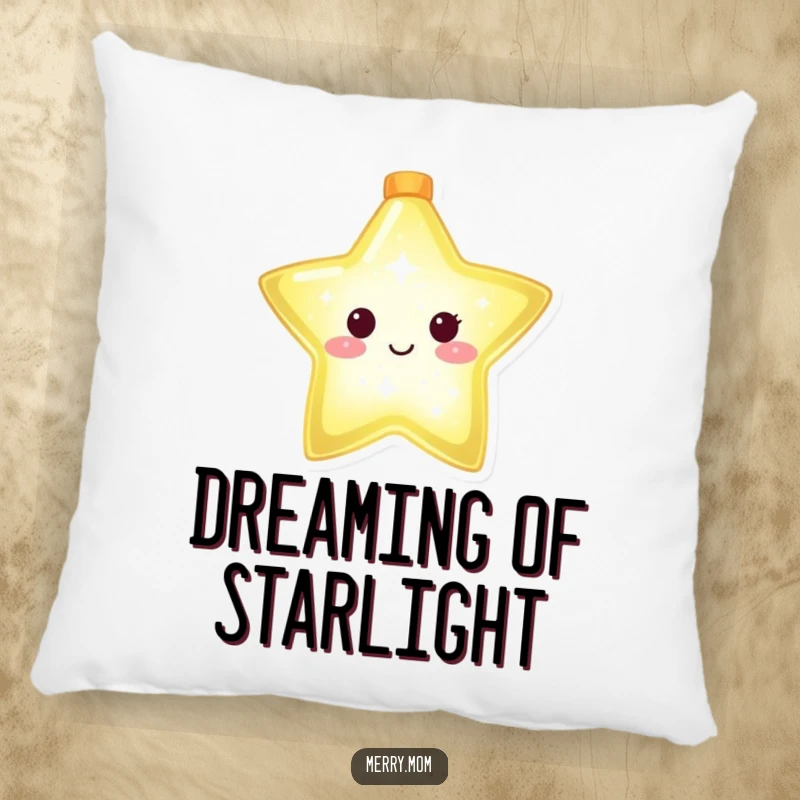 Funny pillow showcasing a glowing Christmas star character shining brightly, providing comfort and a touch of cosmic wonder.