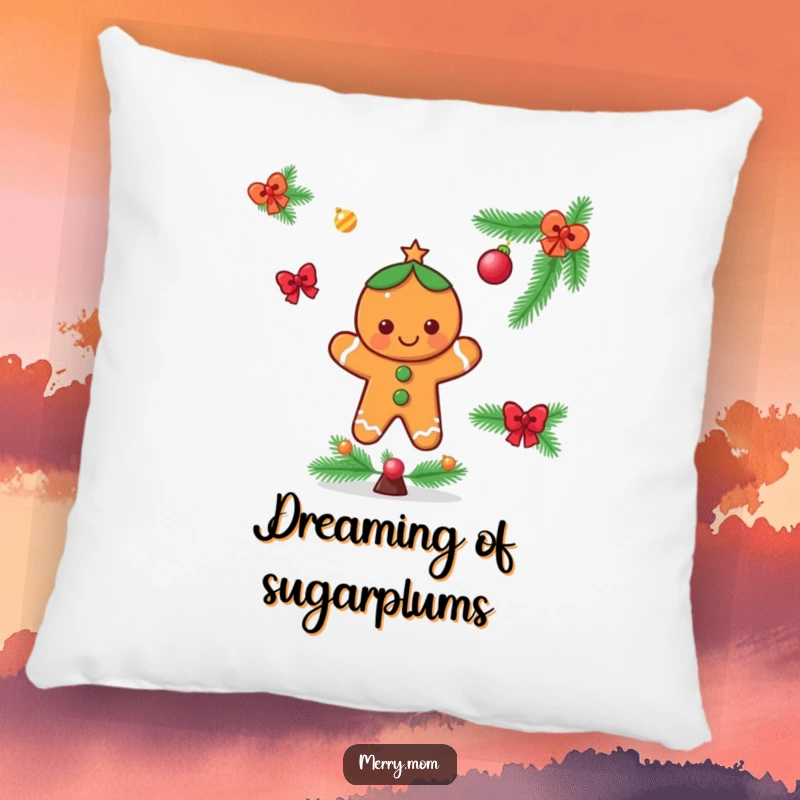Funny pillow with a cheerful gingerbread man character decorating a festive Christmas tree, offering cozy holiday humor.
