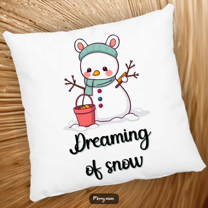 Funny Pillow: A soft cushion featuring an animal building a snowman with a bucket and carrot, perfect for winter decor.