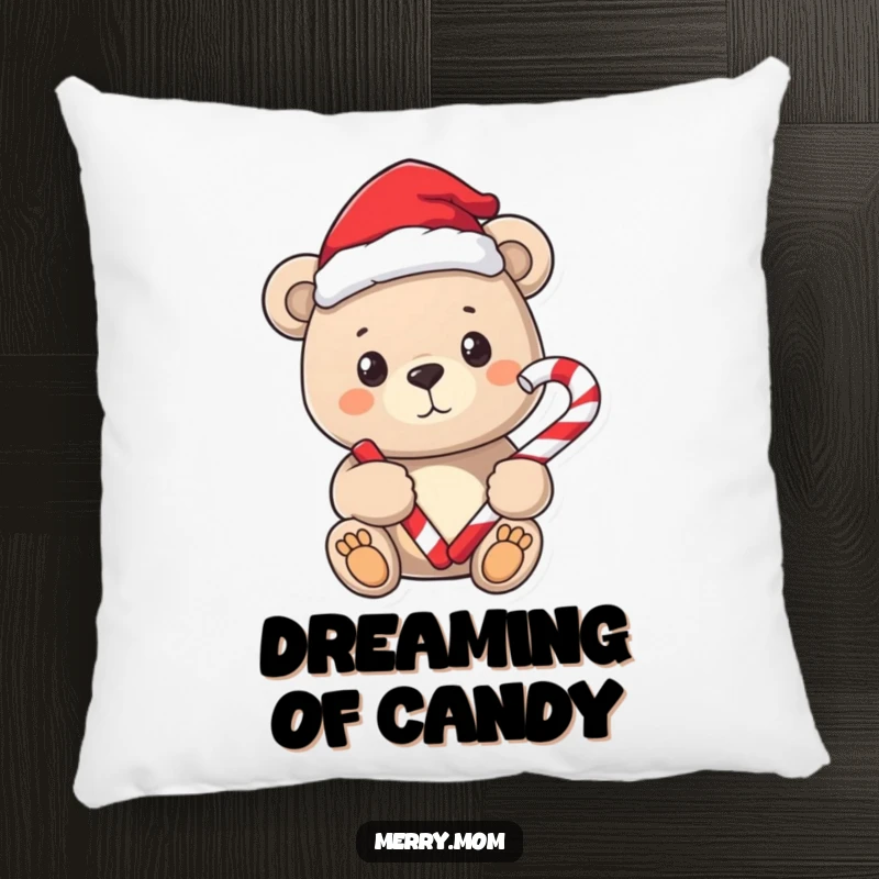 Funny accent pillow featuring a sweet bear in a Santa hat, holding a candy cane.