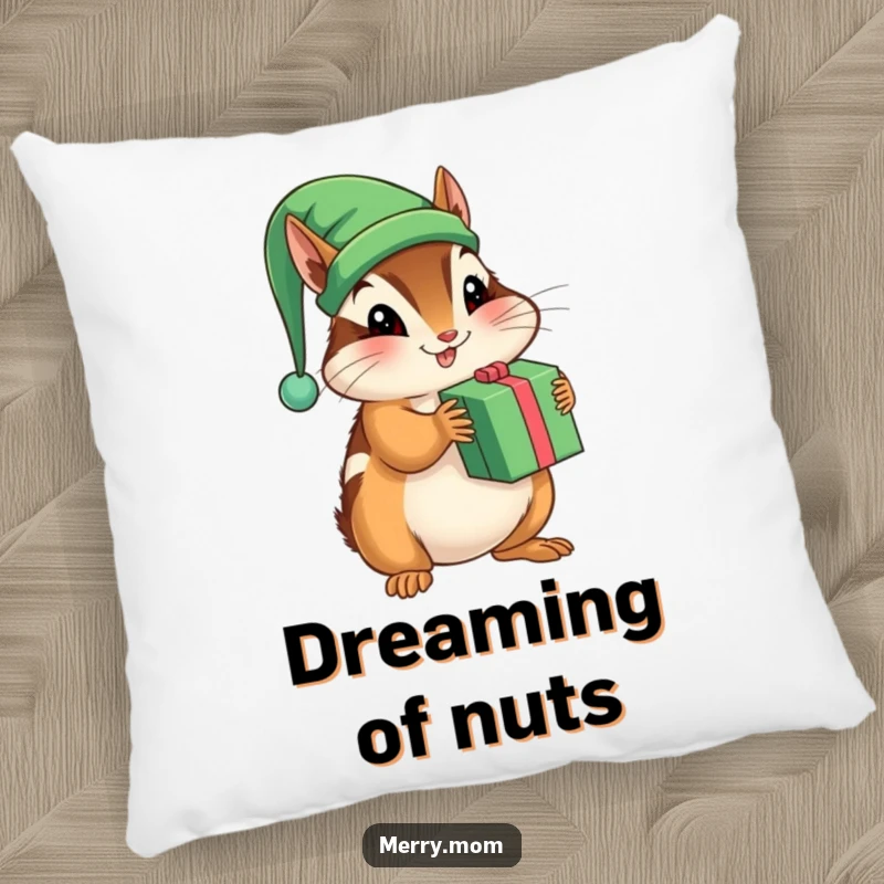Funny accent pillow featuring a playful chipmunk in an elf hat, shaking a holiday present.