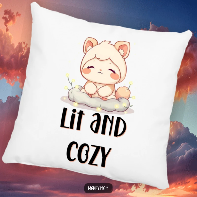Funny decorative pillow featuring a cute creature with a contented sigh, nestled amongst twinkling fairy lights, adding calm to rooms.
