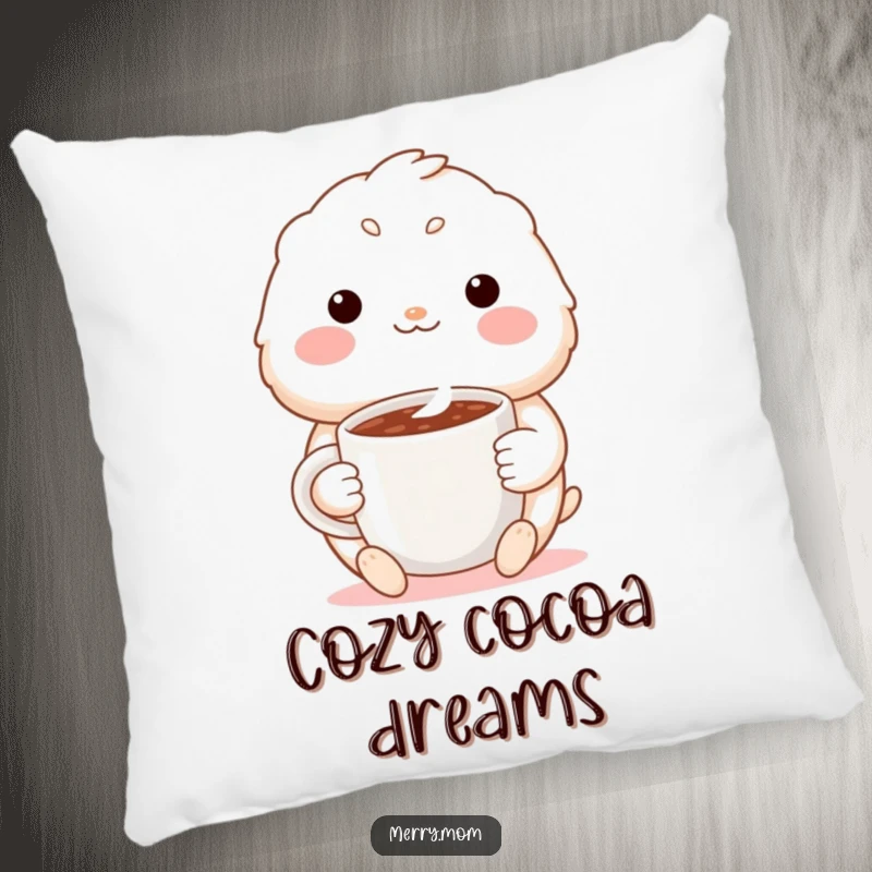 Funny decorative pillow featuring a cute creature with a warm smile, holding a steaming mug of cocoa, ideal for cozy rooms.