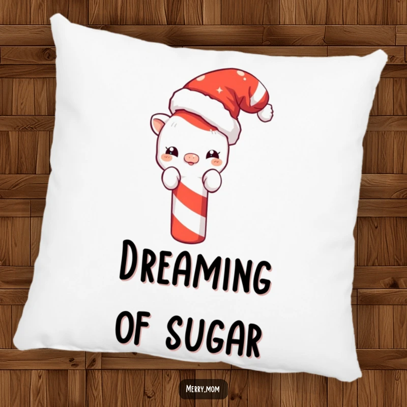 Funny decorative pillow with a cute creature in a Santa hat peeking behind a giant candy cane, adding festive humor to any room.