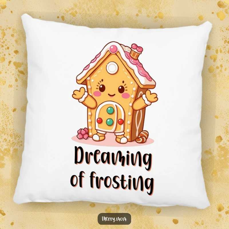 Funny pillow showcasing a dancing gingerbread house character with icing, providing comfort and festive humor for any room.
