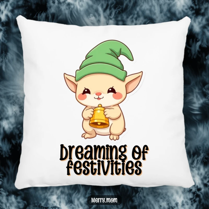 Funny throw pillow featuring a cute elf creature with a festive bell, adding cozy and humorous holiday charm.