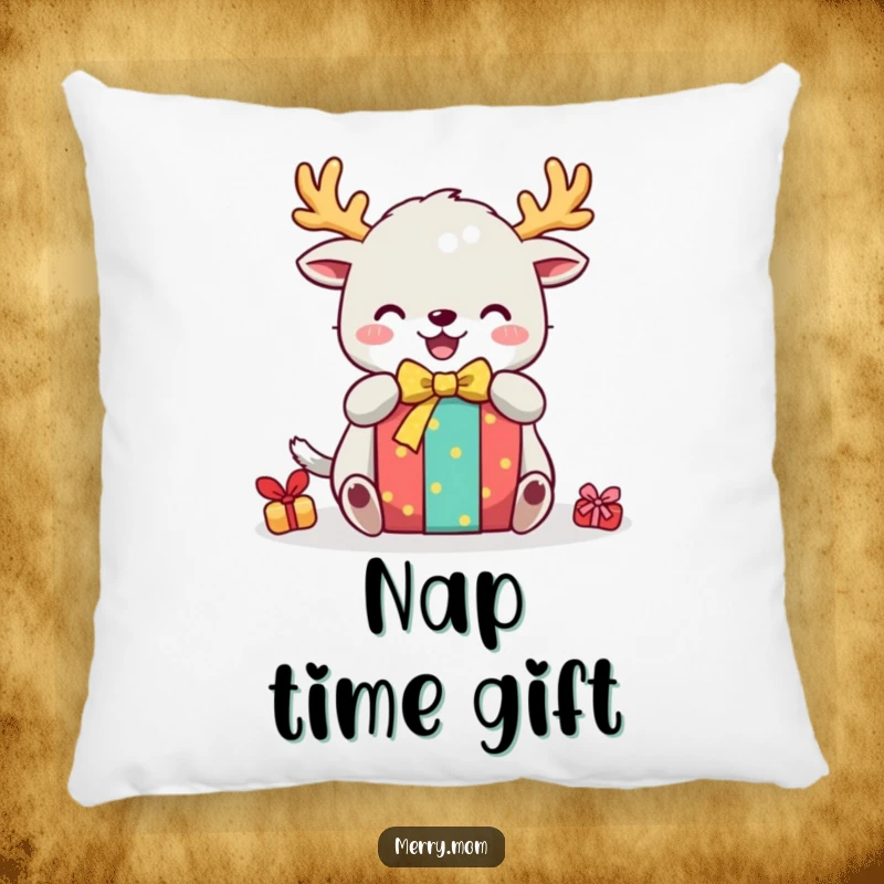 Funny decorative pillow featuring a cute creature with festive antlers, joyfully unwrapping a gift, adding holiday cheer to any room.