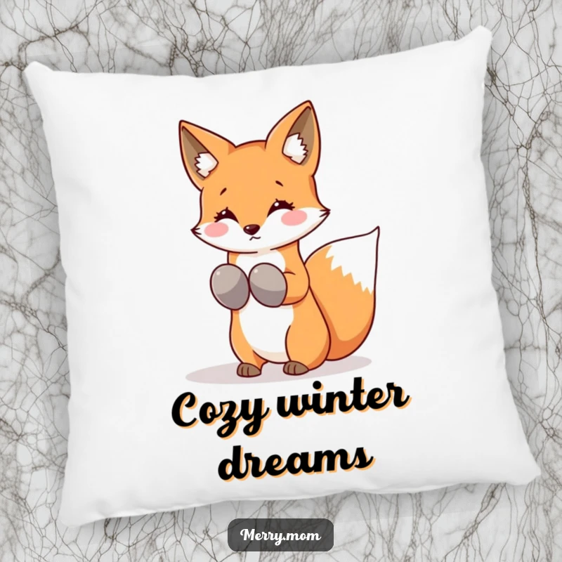 Funny Kawaii Fox Pillow, soft and decorative, wearing mittens and shaking snowflakes from its tail for winter coziness.