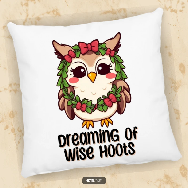 Funny Kawaii Owl Pillow, soft and decorative, adorned with a festive wreath and hooting happily for holiday comfort.