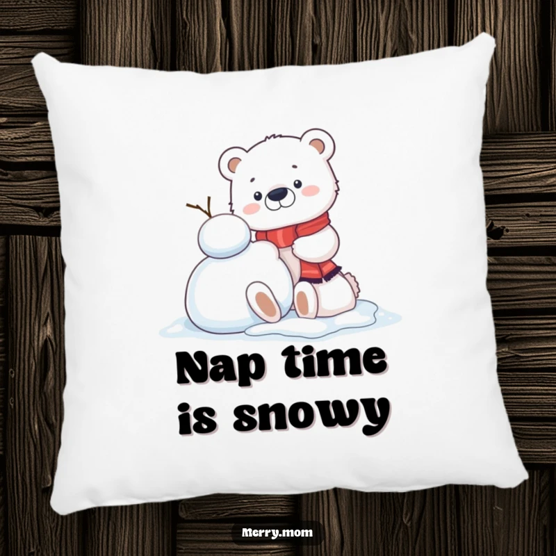 Funny Kawaii Polar Bear Cub Pillow, soft and decorative, building a snowman with a cheerful expression for winter comfort.