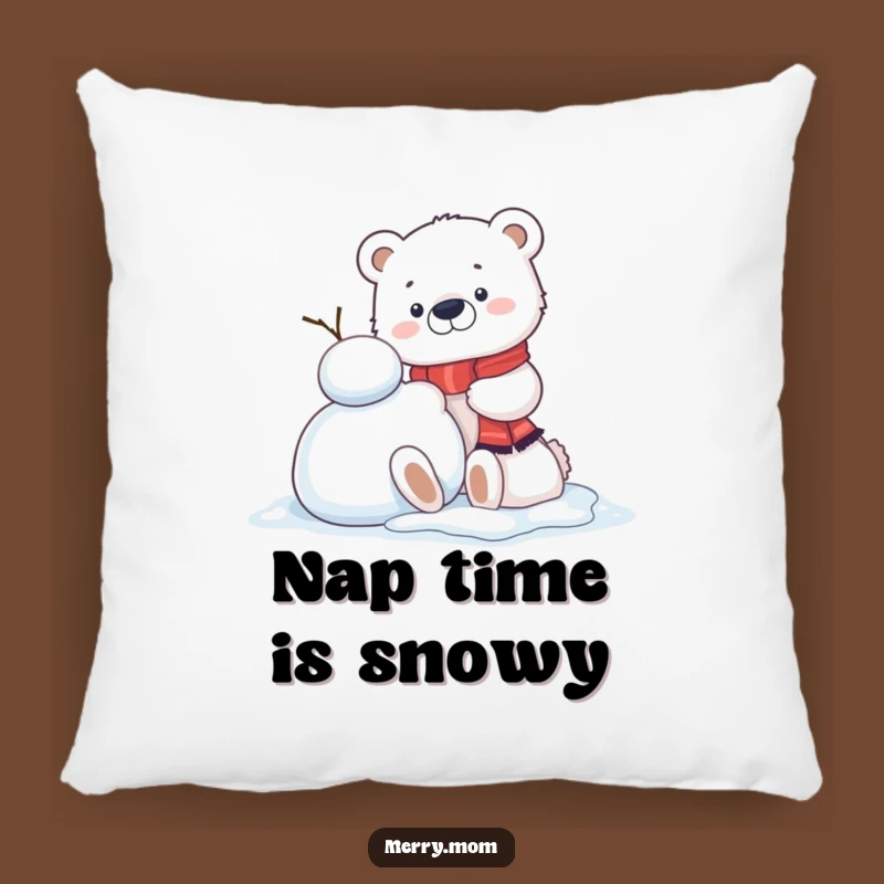 Funny Kawaii Polar Bear Cub Pillow: Snowman Building Cozy, Cute Winter Pillow