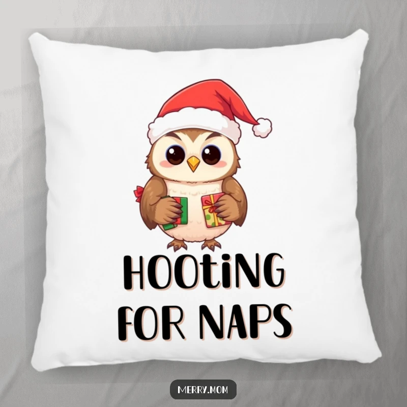Funny accent pillow featuring a smiling owl in a Santa hat, delivering presents.
