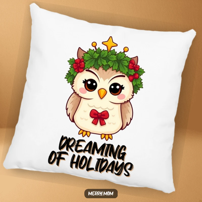 Funny pillow design of a whimsical owl with a Christmas wreath crown, adding festive and cozy vibes.