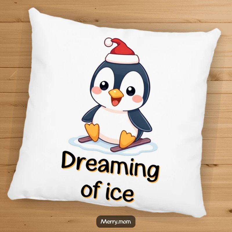 Funny throw pillow with a happy penguin wearing a Santa hat, sliding on ice, ideal for cozy holiday nights.
