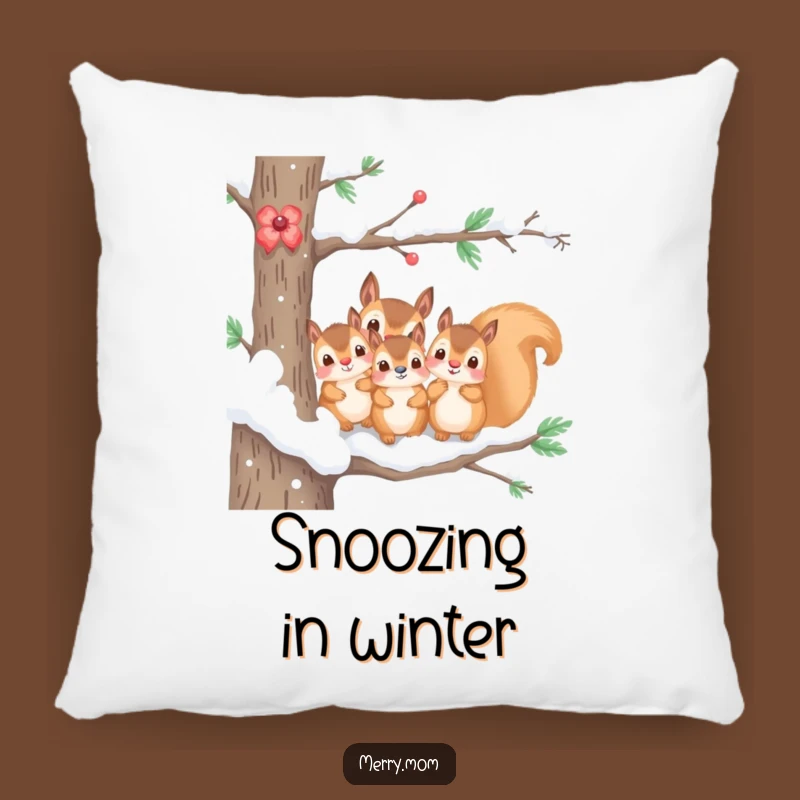 Funny Pillow: Kawaii Squirrel Family Snow Branch - Cozy Winter Decor Gift