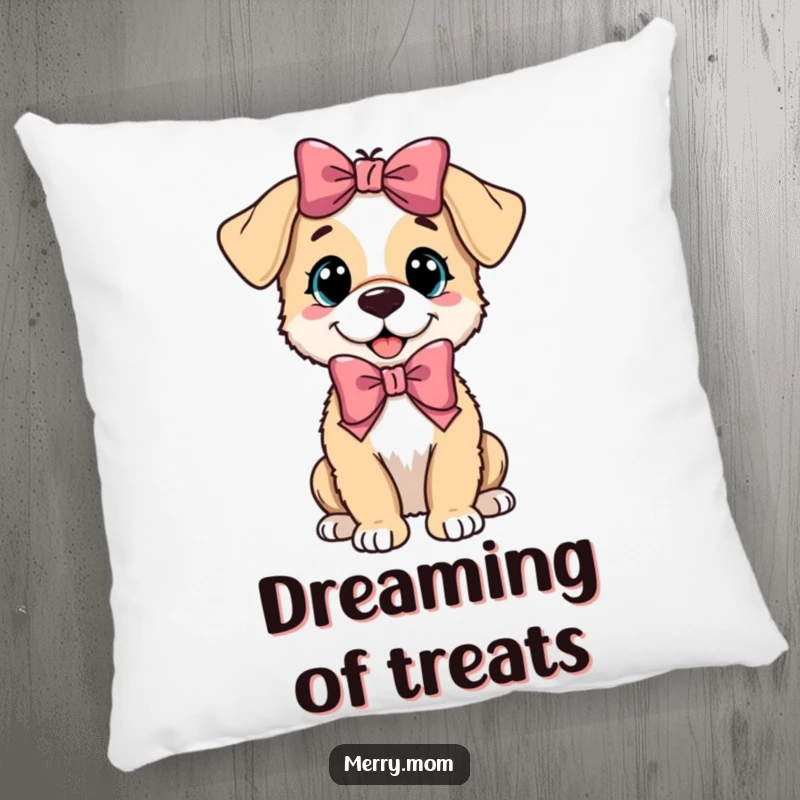 A funny playful puppy wearing a festive bow, featured on a soft and cozy decorative pillow.
