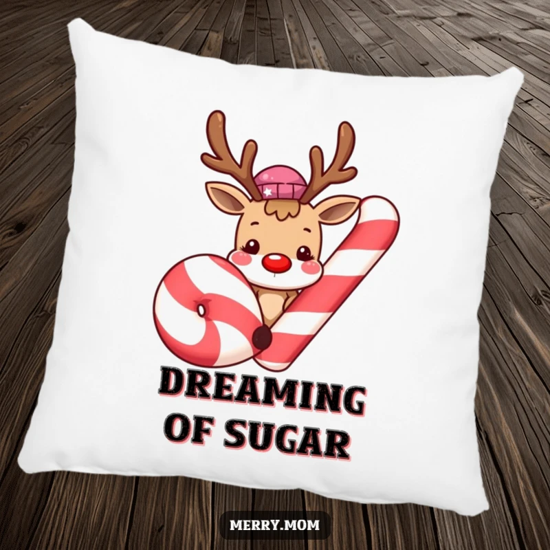 Cute smiling reindeer peeking from behind a giant candy cane on a pillow, offering soft comfort and a cheerful, festive visual.